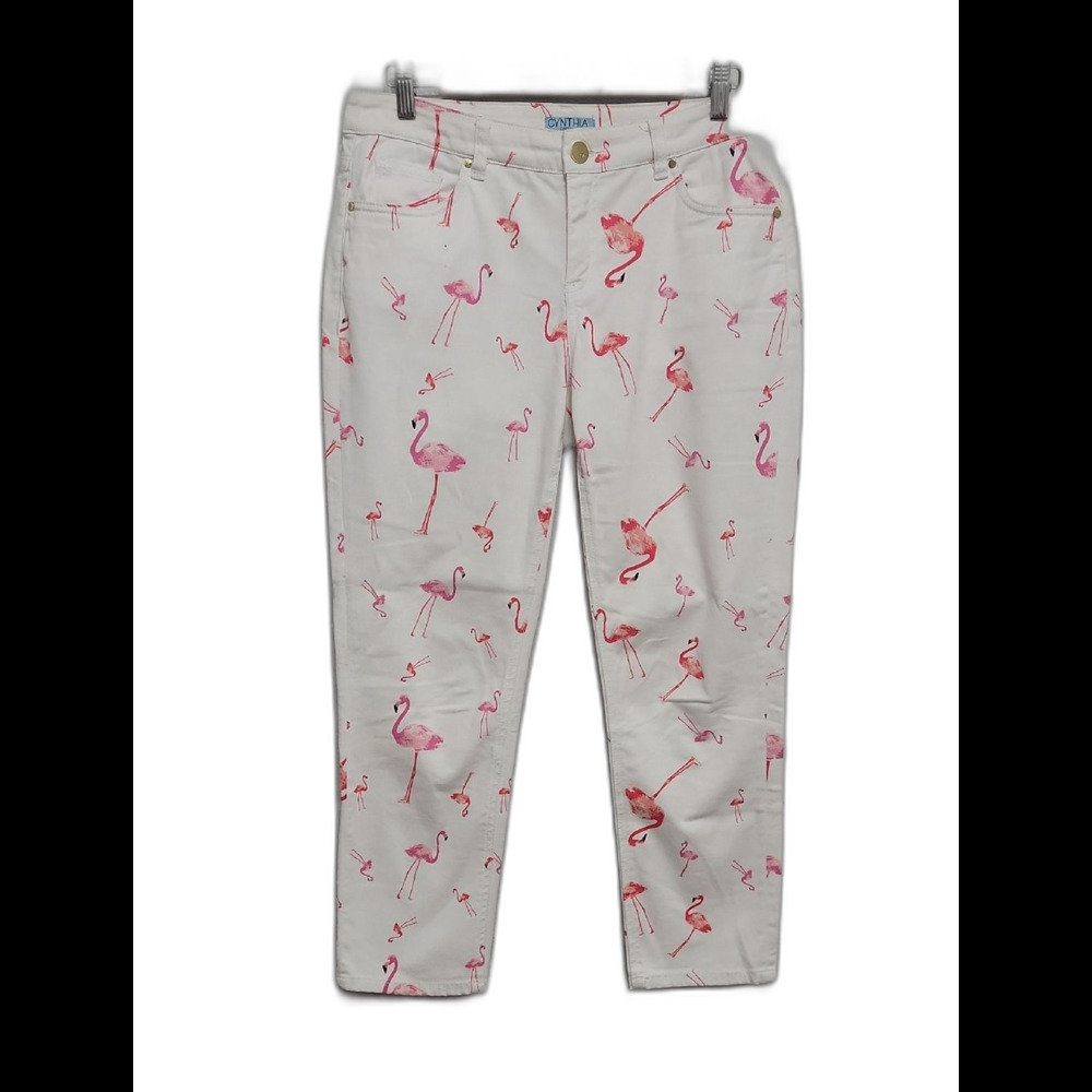 Cynthia Rowley Casual White Pants with Pink Flamingo Motif